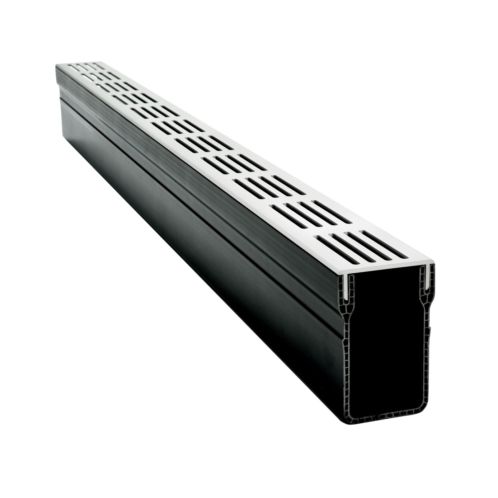 1m Threshold Slim Drain with Silver Aluminium Grating (65 x 100mm Deep)