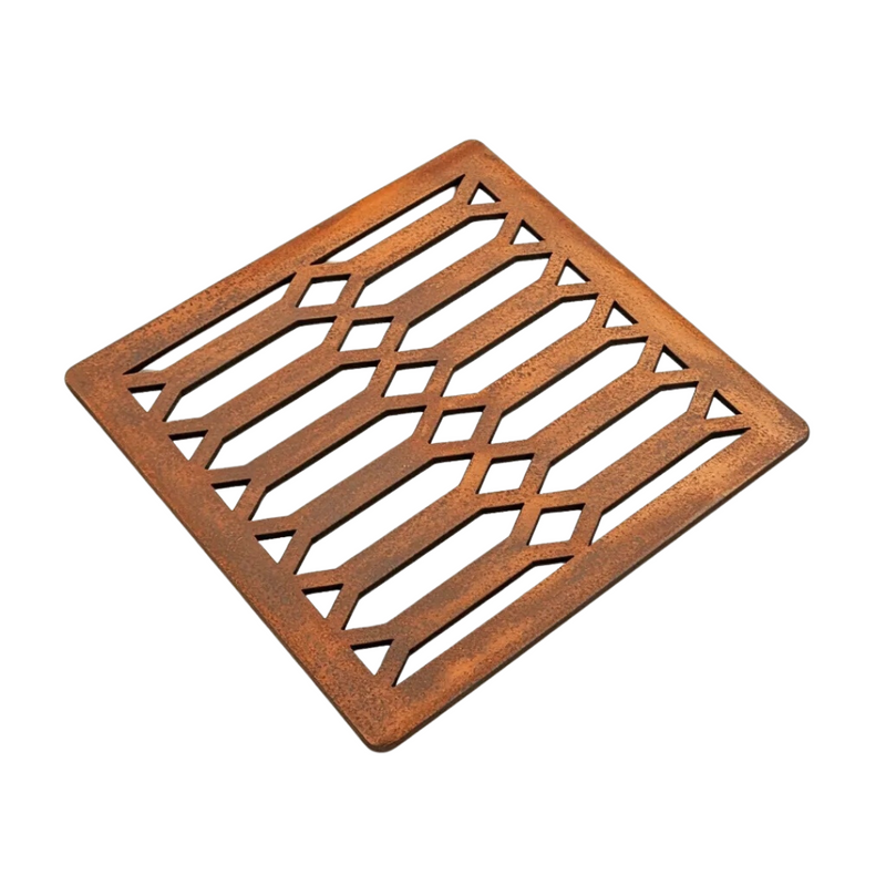 Hexagon Corten Steel Grating with Black Plastic Gully Ø110mm Spigot (148 x 148mm)