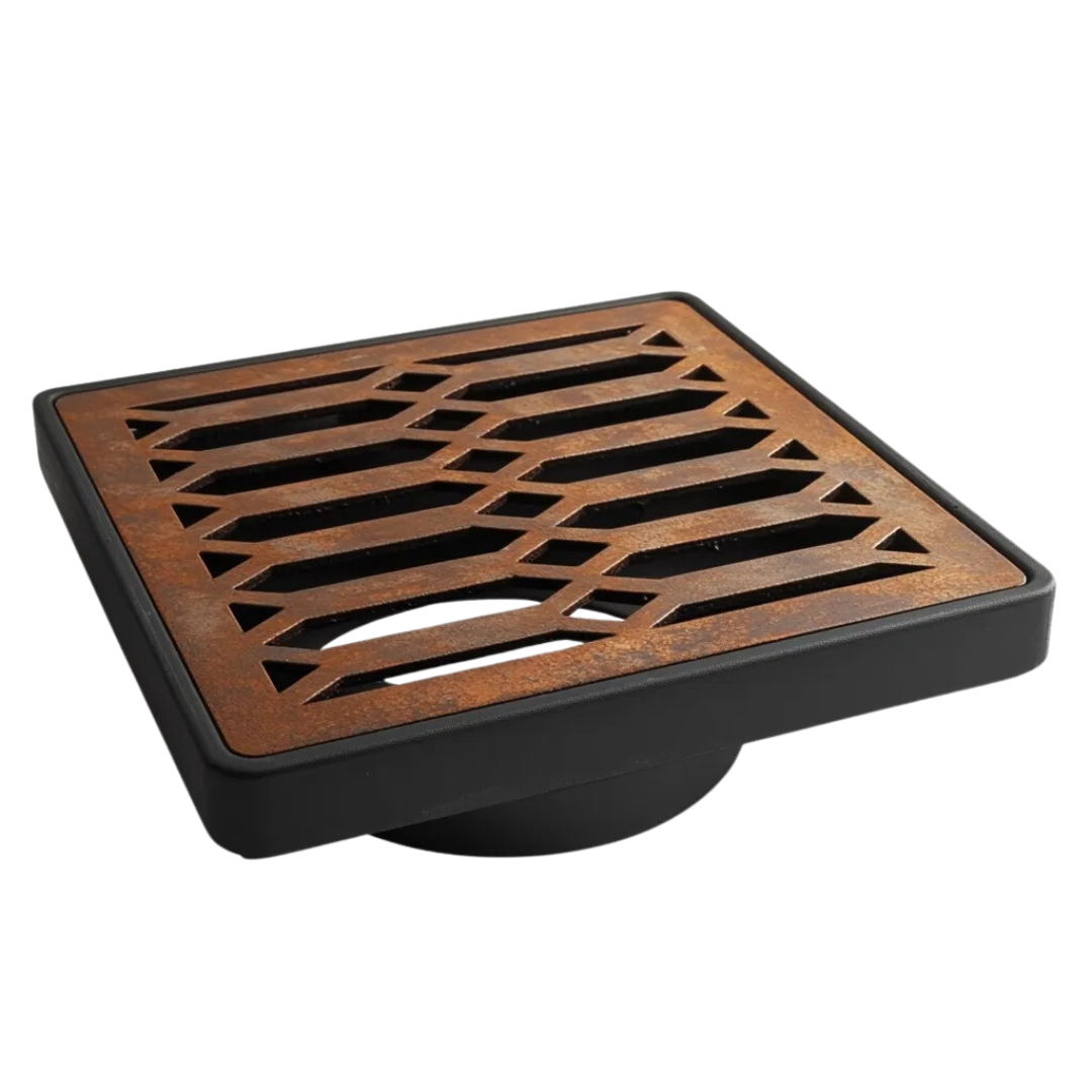Hexagon Corten Steel Grating with Black Plastic Gully Ø110mm Spigot (148 x 148mm)