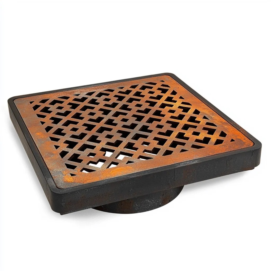 Oblique Corten Steel Grating with Black Plastic Gully Ø110mm Spigot (148 x 148mm)