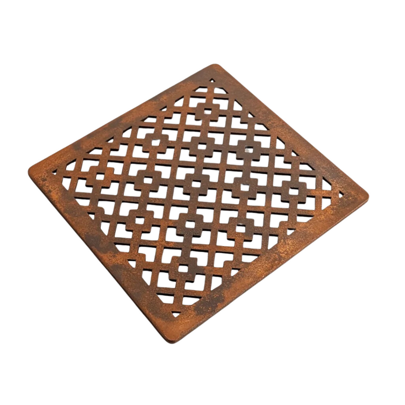 Oblique Corten Steel Grating with Black Plastic Gully Ø110mm Spigot (148 x 148mm)