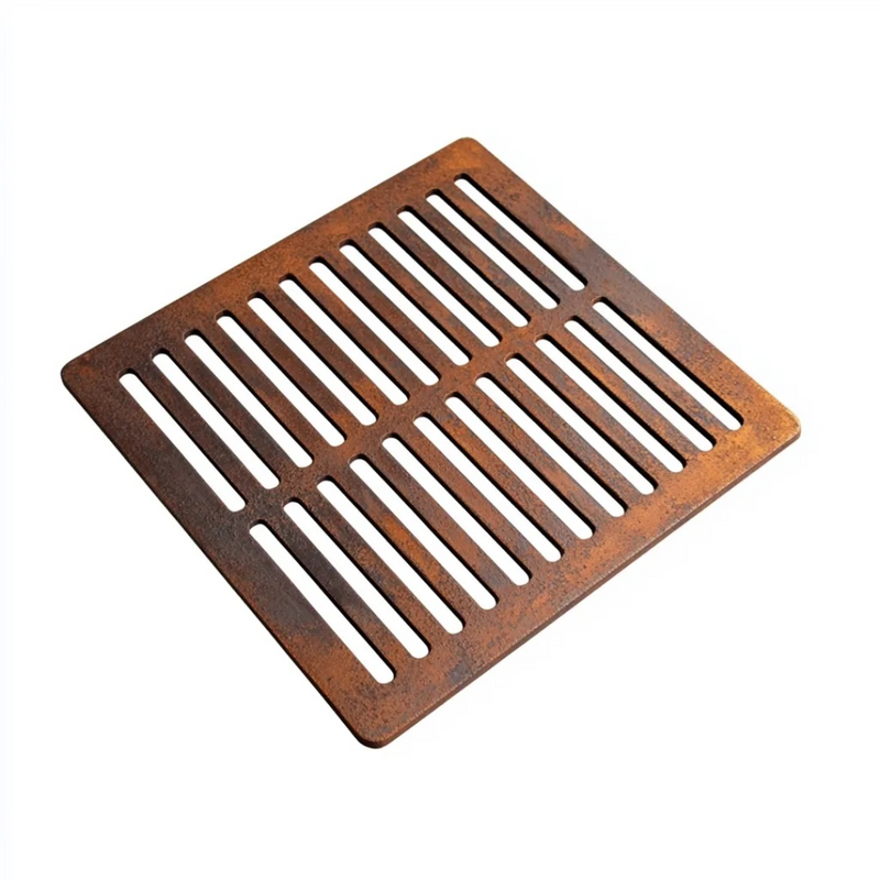 Standard Slotted Corten Steel Grating with Black Plastic Gully Ø110mm Spigot (148 x 148mm)