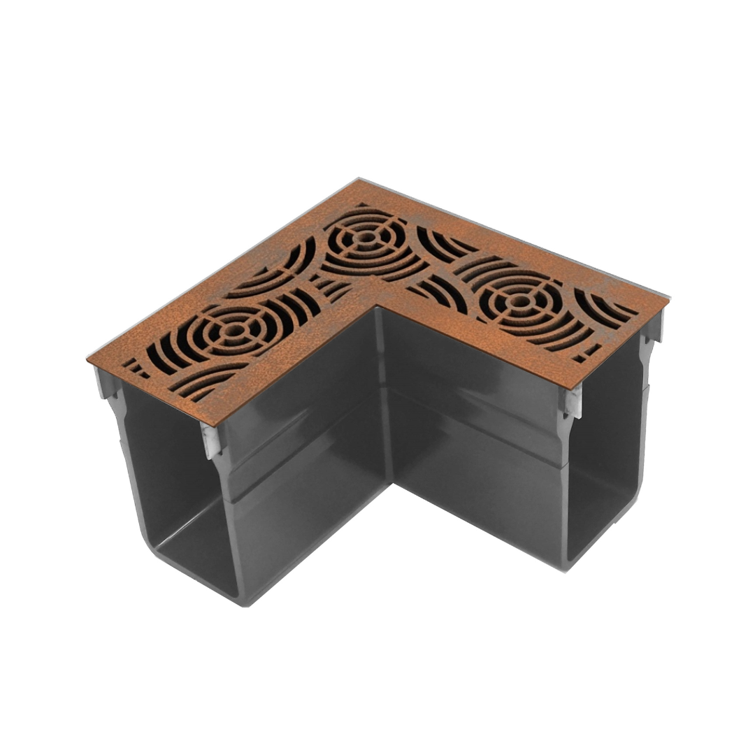 Threshold Slim Drain Corner Unit with Waves Corten Steel Grating (65 x 100mm Deep)