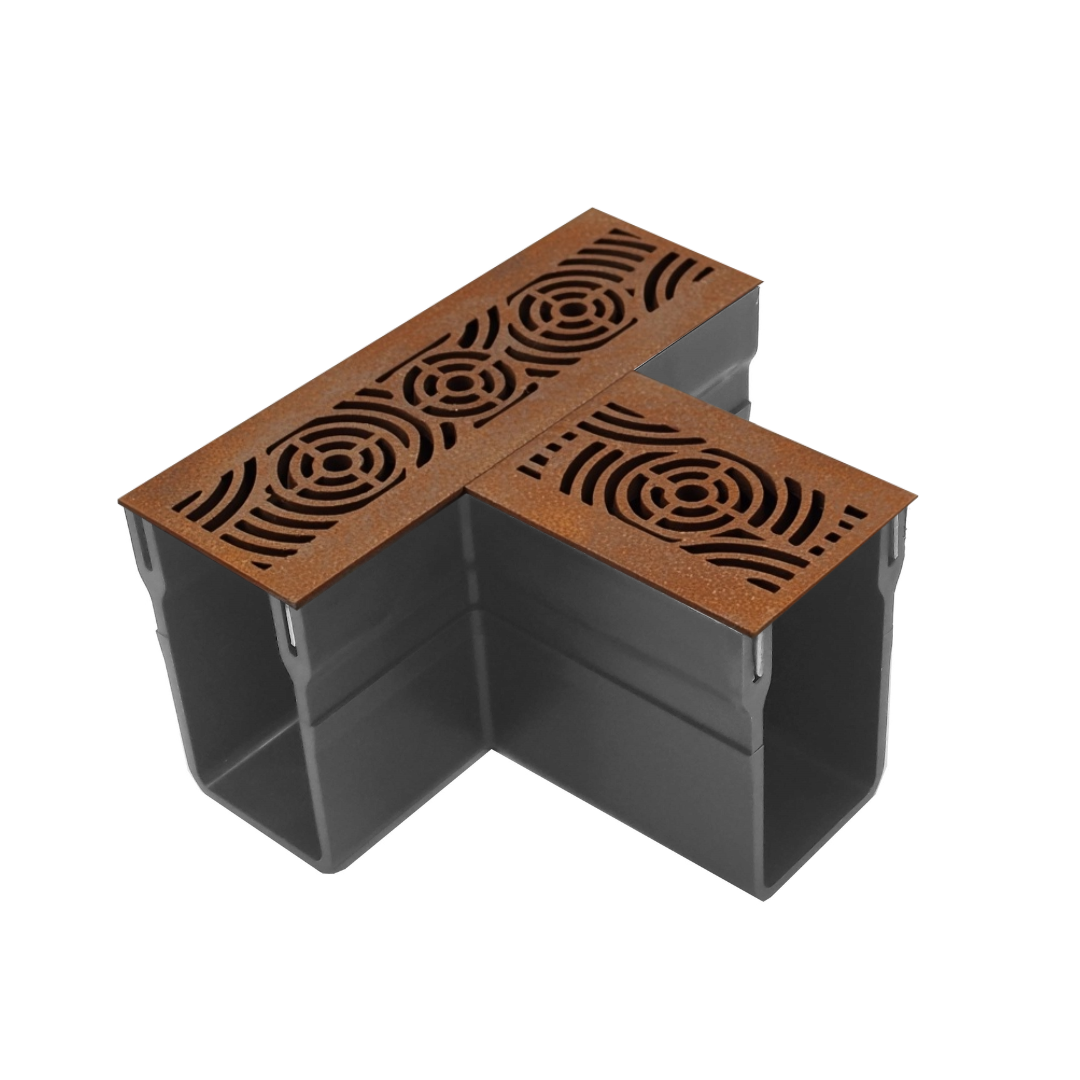Threshold Slim Drain T-Unit with Waves Corten Steel Grating (65 x 100mm Deep)