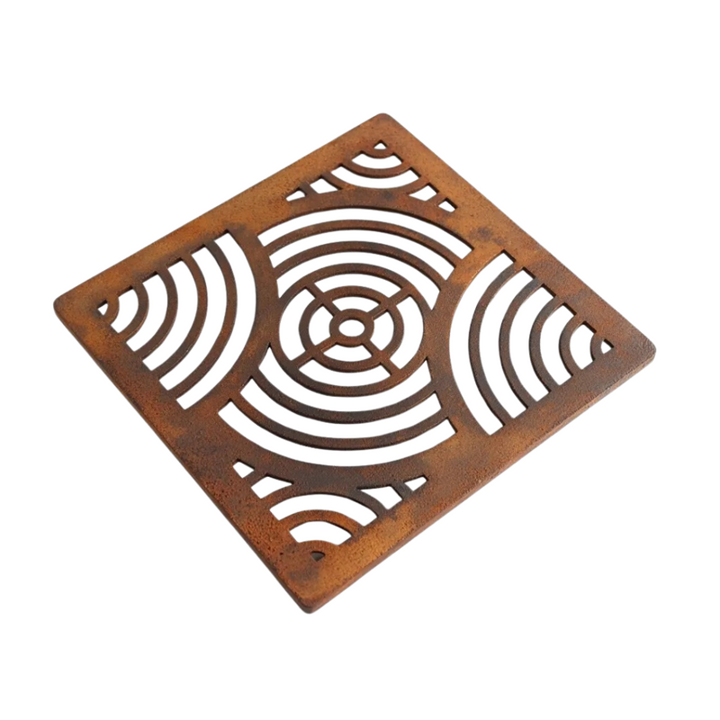 Waves Corten Steel Grating with Black Plastic Gully Ø110mm Spigot (148 x 148mm)