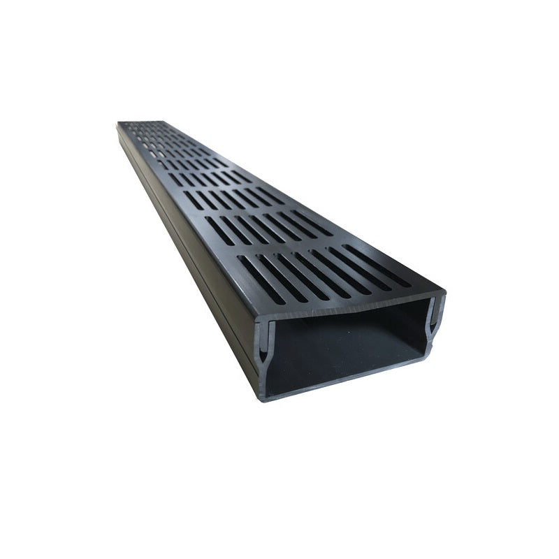 1 m Schwelle Slim+ Ablauf mit schwarzem Aluminiumgitter (105 x 50 mm flach)