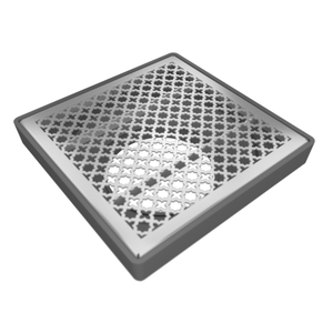 Square metal filter with geometric pattern on a white background