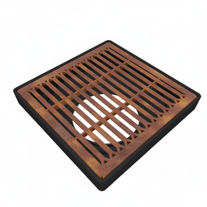 Square metal drain cover with a grid pattern on a white background