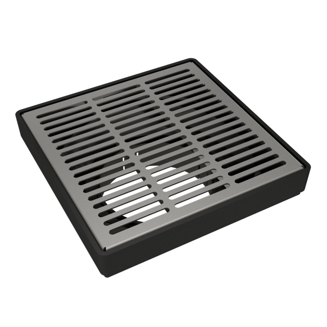 Inslotz Stainless Steel Grating with Black Plastic Gully Ø110mm Spigot (148 x 148mm)