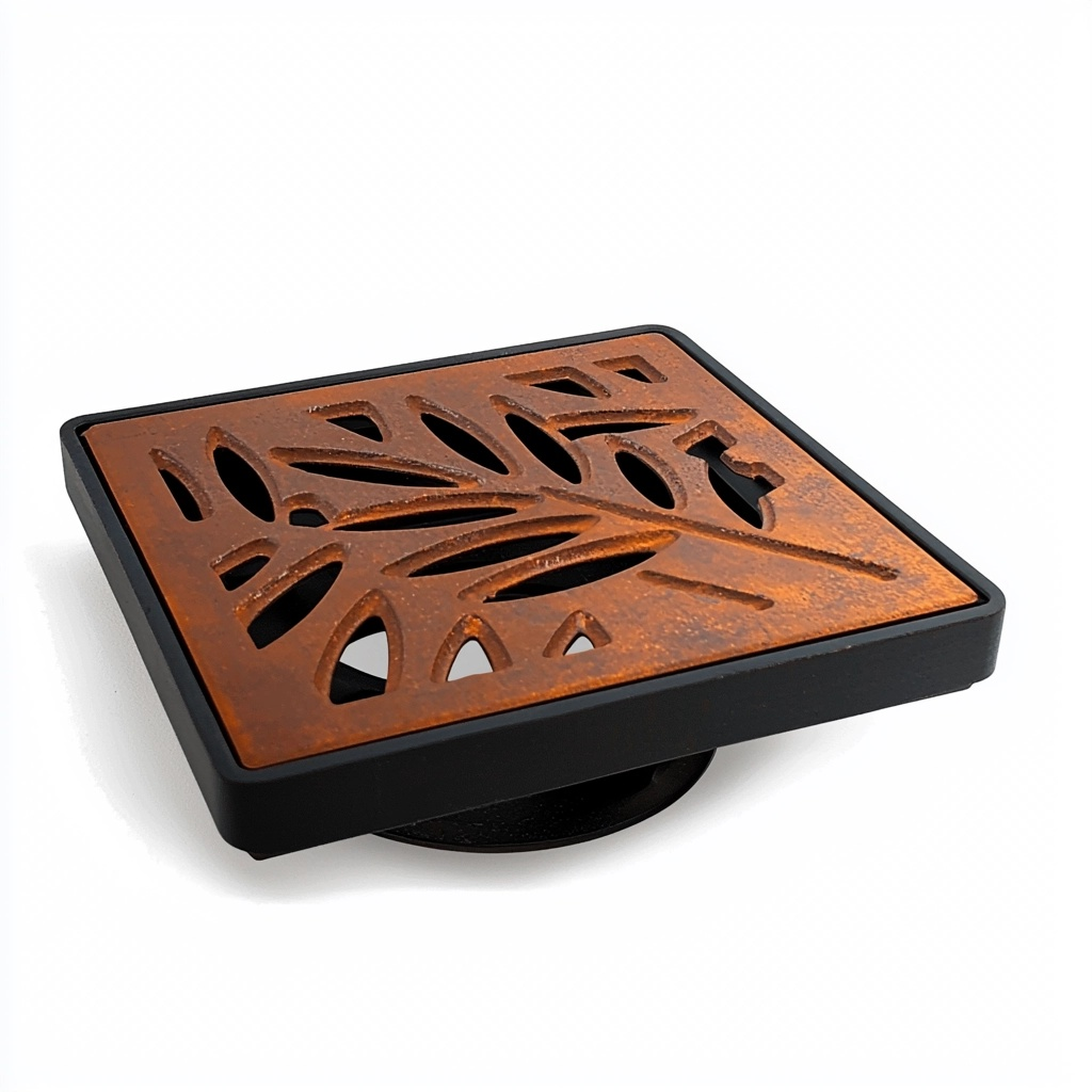 Locust Corten Steel Grating with Black Plastic Gully Ø110mm Spigot (148 x 148mm)