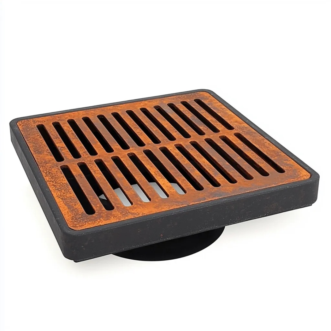 Standard Slotted Corten Steel Grating with Black Plastic Gully Ø110mm Spigot (148 x 148mm)