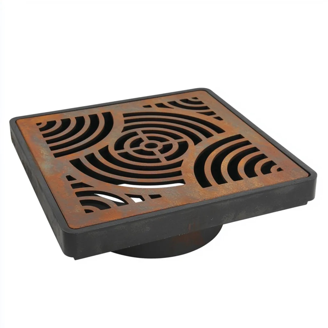 Waves Corten Steel Grating with Black Plastic Gully Ø110mm Spigot (148 x 148mm)