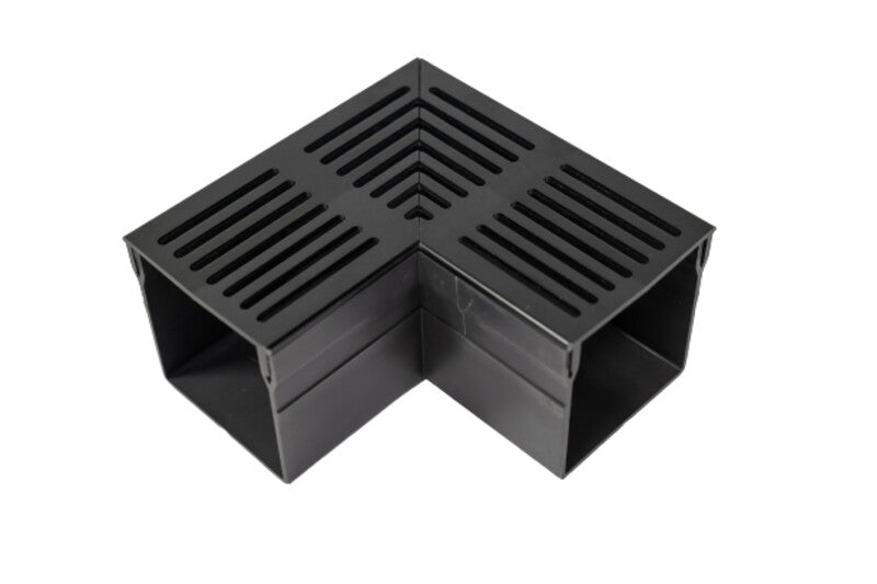Threshold Slim+ Drain Corner Unit with Black Aluminium Grating (105 x 100mm Deep)